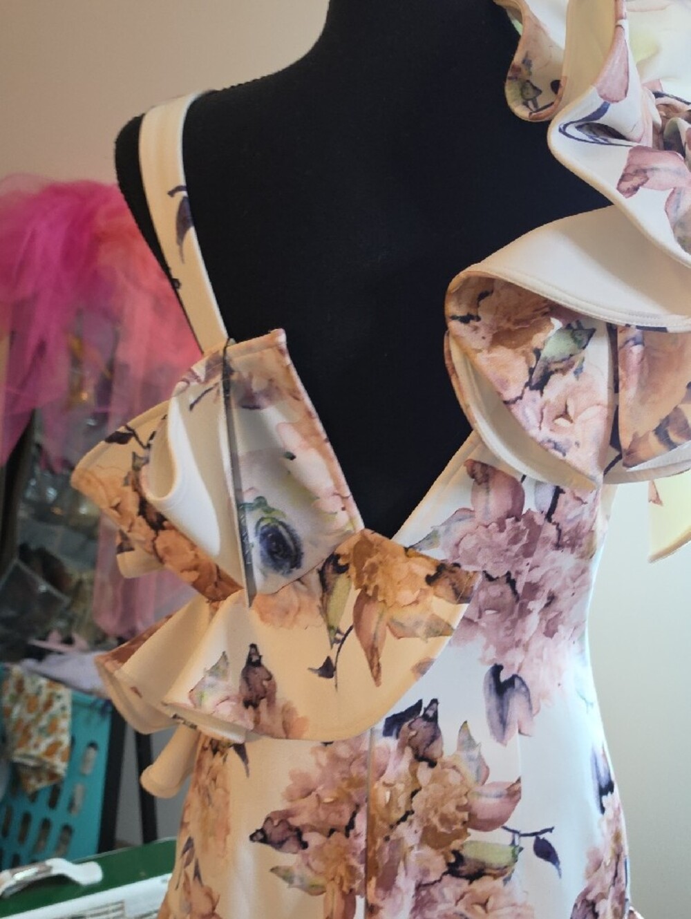 One-Shoulder Floral Ruffle Mini Dress - Blush Pink - Picture 9 of 13